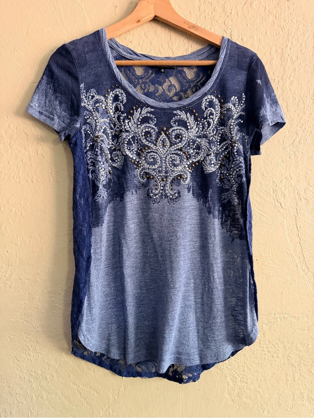 Miss Me Blue Embellished Lace-Back Short Sleeve Top